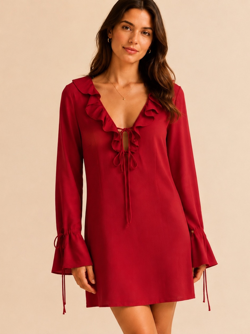 NWT Wild Fable Red Ruffle Tie-Front Long Sleeve Mini Dress size M